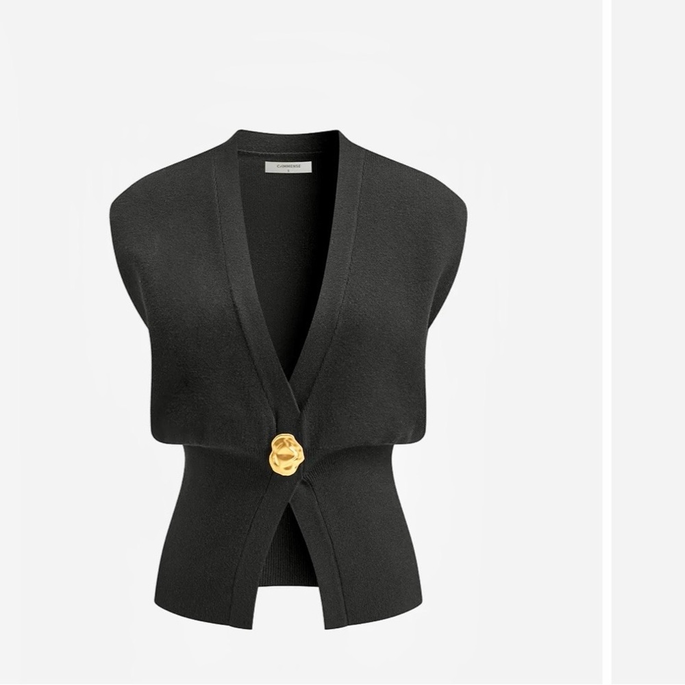 Commense Black V-Neck Sleeveless Sweater with Gold Accent